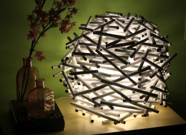 Lampshade made of newspaper tubes