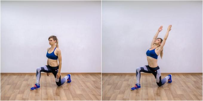 Lunge forward with lifting arms
