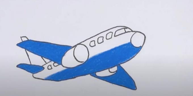 How to draw an airplane: circle the drawing and add blue color