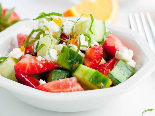 Cucumber salad with strawberries, feta and basil