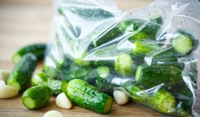 Lightly salted cucumbers in a bag with garlic, dill and hot pepper