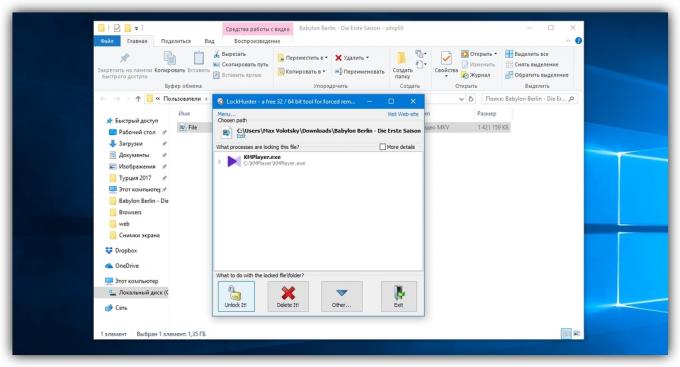 How do I delete a file in Windows: LockHunter window