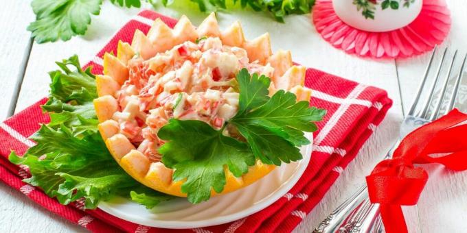 Salad with crab sticks, cheese and grapefruit