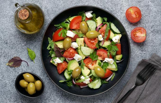 Greek salad with avocado