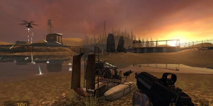 Shooter with the plot: Half-Life 2 (firing at sunset)