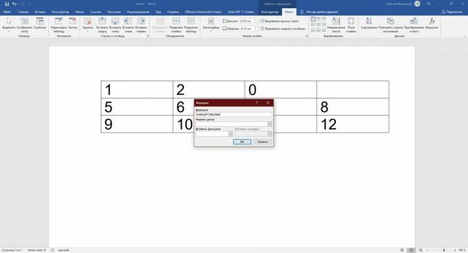 Example of a formula in a table in Word