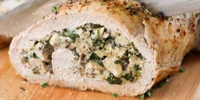 Meatloaf pork with mushrooms, cheese and spinach