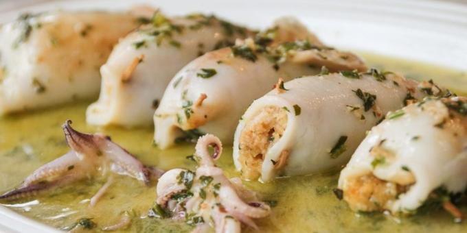 Stuffed squid with cheese and salami in a wine sauce