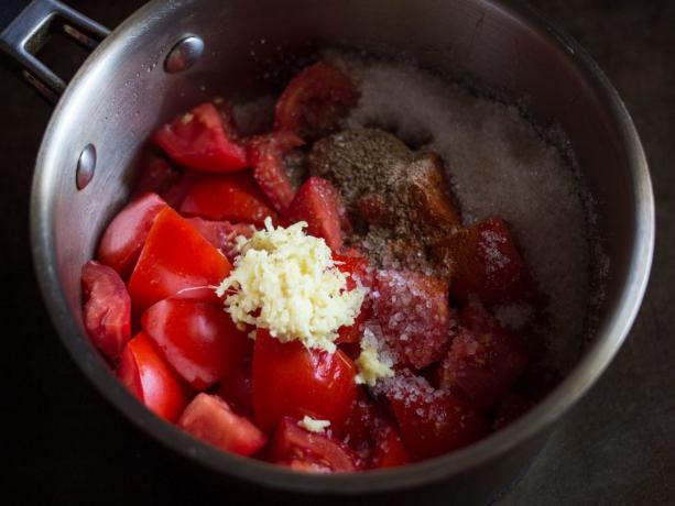 tomato jam: a saucepan
