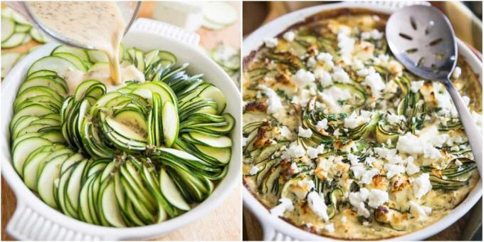 Baked zucchini with feta cheese in egg and cream filling