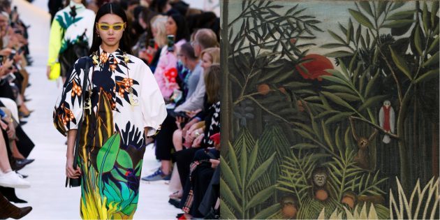 Valentino model and a painting by Henri Rousseau "Apes and a parrot in a virgin forest"