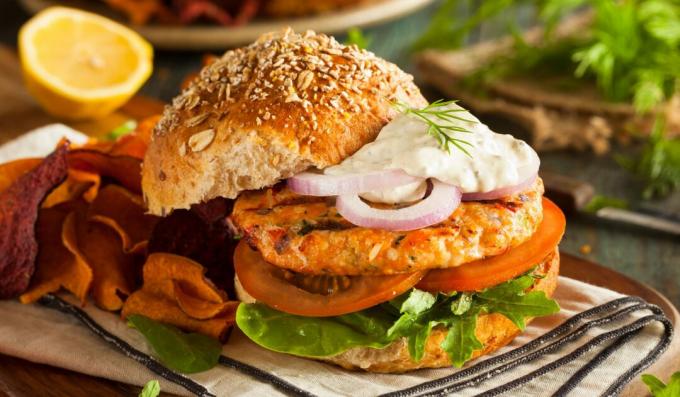 Burgers with fishcake and sour cream sauce