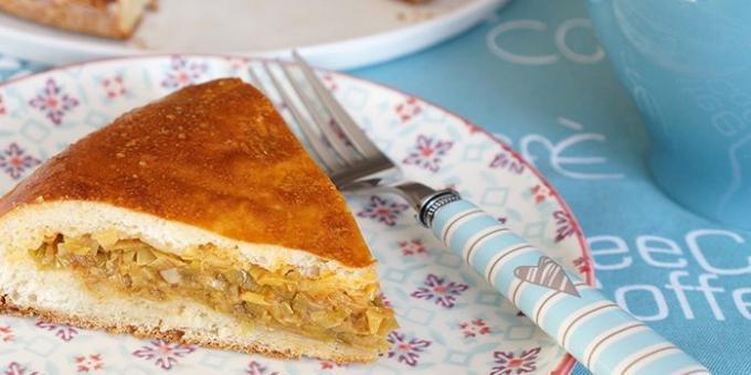 Yeast cake with cabbage and canned fish