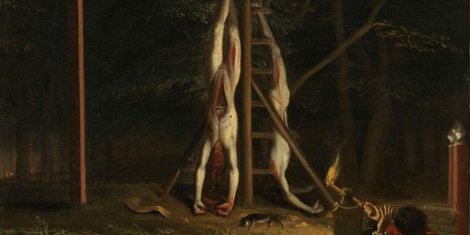 The bodies of Jan and Cornelis on the gallows. Painting by Jan de Baen