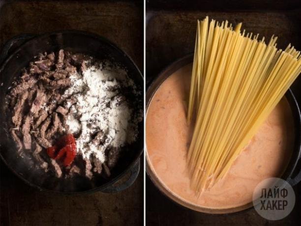 Beef Pasta in Tomato Cream Sauce: Stir the contents of the pan and add the spaghetti