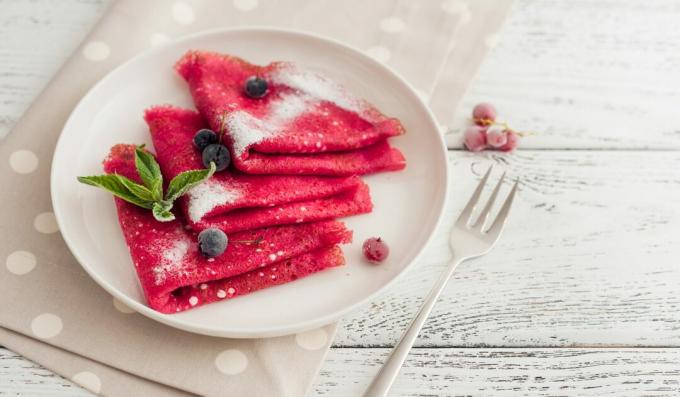 Colored pancakes with kefir and milk