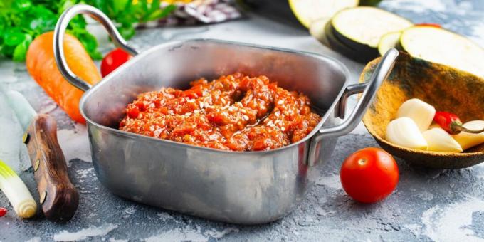 Eggplant caviar with peppers, tomatoes, onions and herbs for the winter