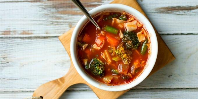 vegetable soups: tomato soup with broccoli, cabbage and green beans