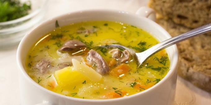 Recipes: Soup with chicken hearts and cheese