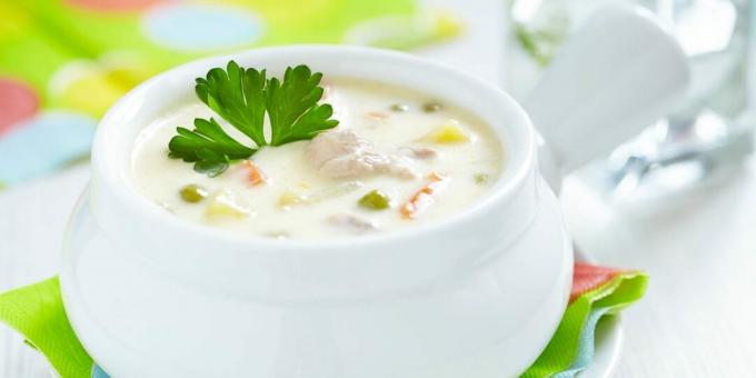 Creamy turkey soup with potatoes and peas