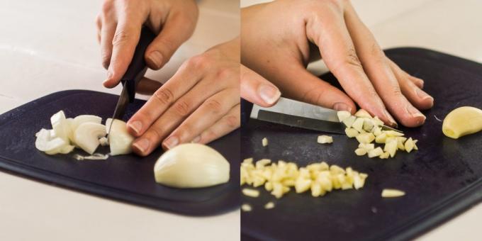 How to cook potatoes with meat: chop the onion and garlic