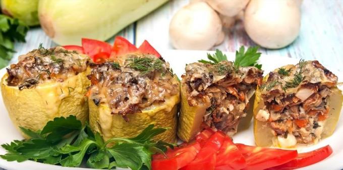 Baked zucchini stuffed with chicken, mushrooms and cheese