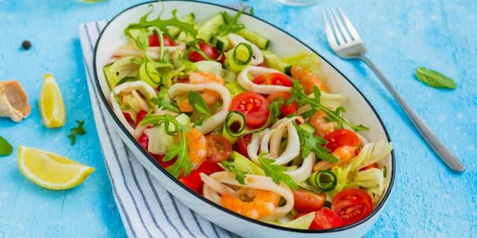 Light vegetable salad with squid and shrimps