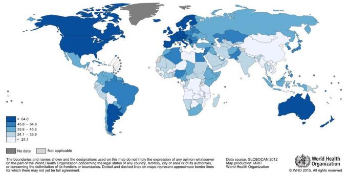 Cancer. The number of cases of breast cancer per 100 000 people