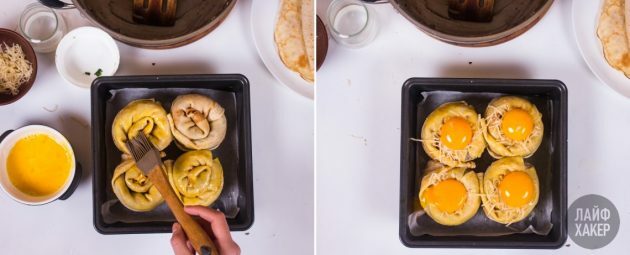 Cover the pancake rolls with eggs