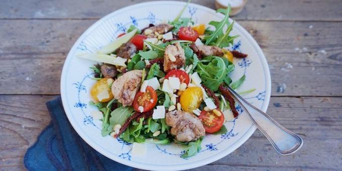 Cod liver salad tomato, Parmesan and pine nuts