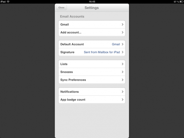 Mailbox for iPad settings