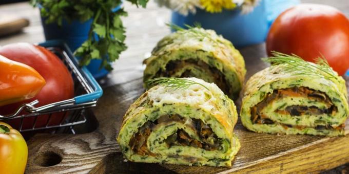 Zucchini roll with fried mushrooms