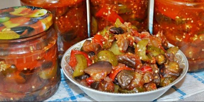 Delicious eggplants in winter: Eggplant with cucumbers and peppers in tomato sauce