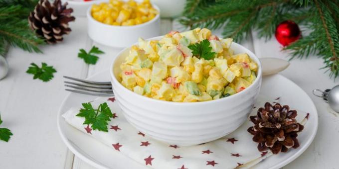 Salad with crab sticks, cucumbers and corn