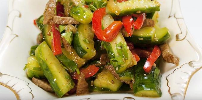 Cucumbers in Korean with meat, peppers and cilantro