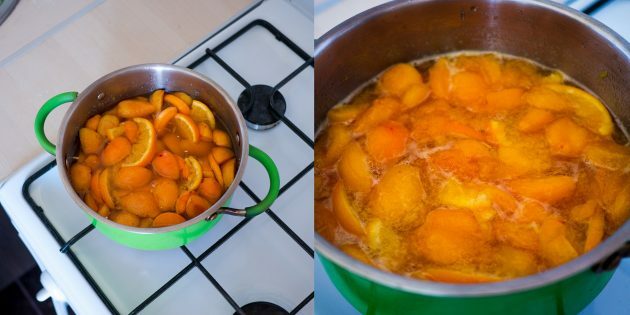 Apricot and orange jam: put the pot on the stove
