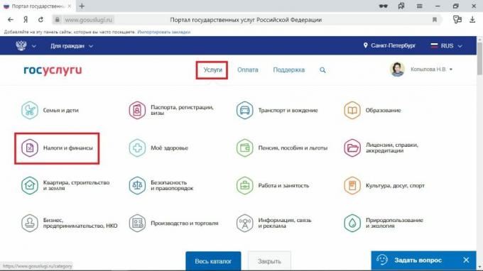 Tax return 3-NDFL: select "Services" → "Tax and Finance"