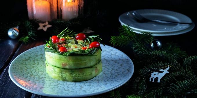 Festive salad with shrimp, avocado and cucumbers