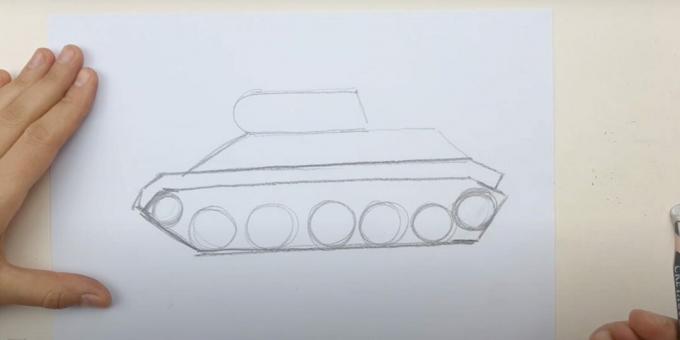 How to draw a tank: outline the wheels and caterpillar