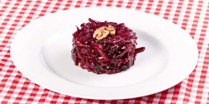 Beet salad with prunes, walnuts and garlic