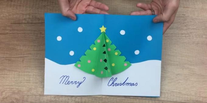 Christmas card with your own hands with the Christmas tree inside the volumetric