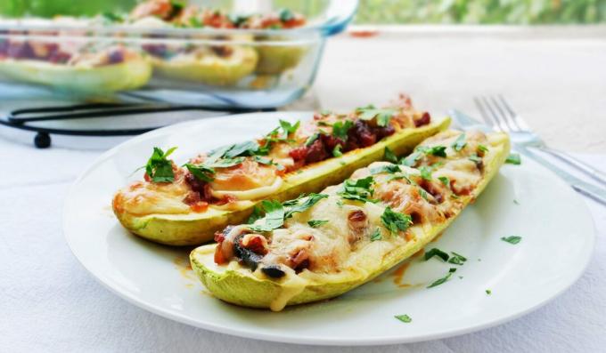 Zucchini boats with mushrooms and sausage