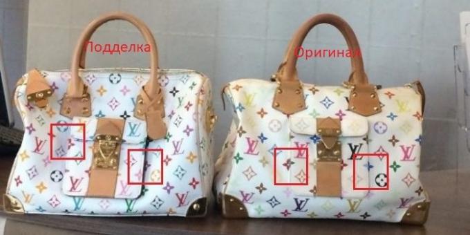 Original and fake Louis Vuitton bags, note the location of the picture