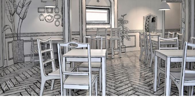 interior of a cafe in the style of a painted