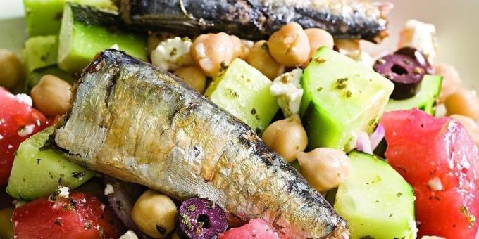 Salads with fish: Greek salad with sardines