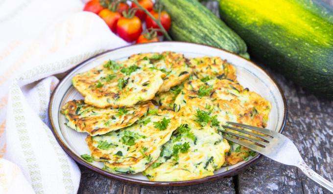 Zucchini pancakes with cottage cheese and cheese