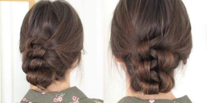 High hairstyle with bangs and knots