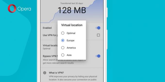 Built-in VPN for Android-devices with Opera beta: region selection