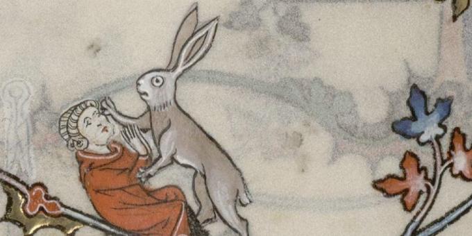 Children of the Middle Ages: a hare attacks a man, Breviary by Renaud de Bara