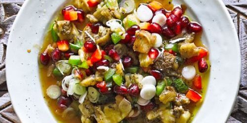 Salad with eggplant, bell pepper, pomegranate and sharp-sweet sauce